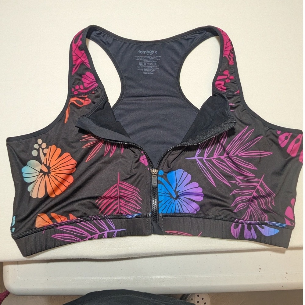 TomboyX Zip Front Sports Bra Womens 3X Black Tropical Floral Excellent Racerback